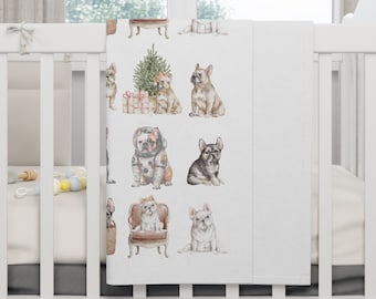 May include: White baby blanket featuring a repeating pattern of French Bulldogs in various poses. The dogs are wearing different outfits, including a space suit, a crown, and a Santa hat. The blanket is ideal for a nursery or a child's room.