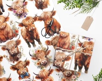 Happy Highland Cow inpakpapier Highland Cow Cadeaupapier voor Highland Cow Lover Gift Schotse Hooglandkoe Verjaardagsfeestje Cadeau voor Cow Lover