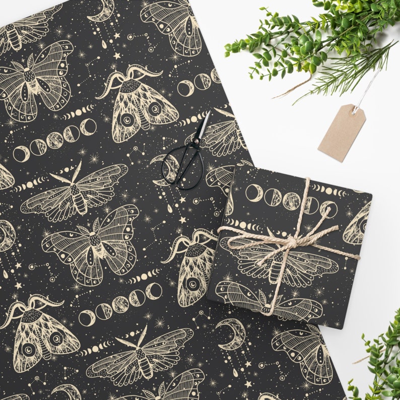 Cosmic Moths Wrapping Paper, Unique Gift Wrap, Retro Wrapping Paper, Aesthetic Gift Wrap, Wrapping Paper Sheets, Dark Gift image 1
