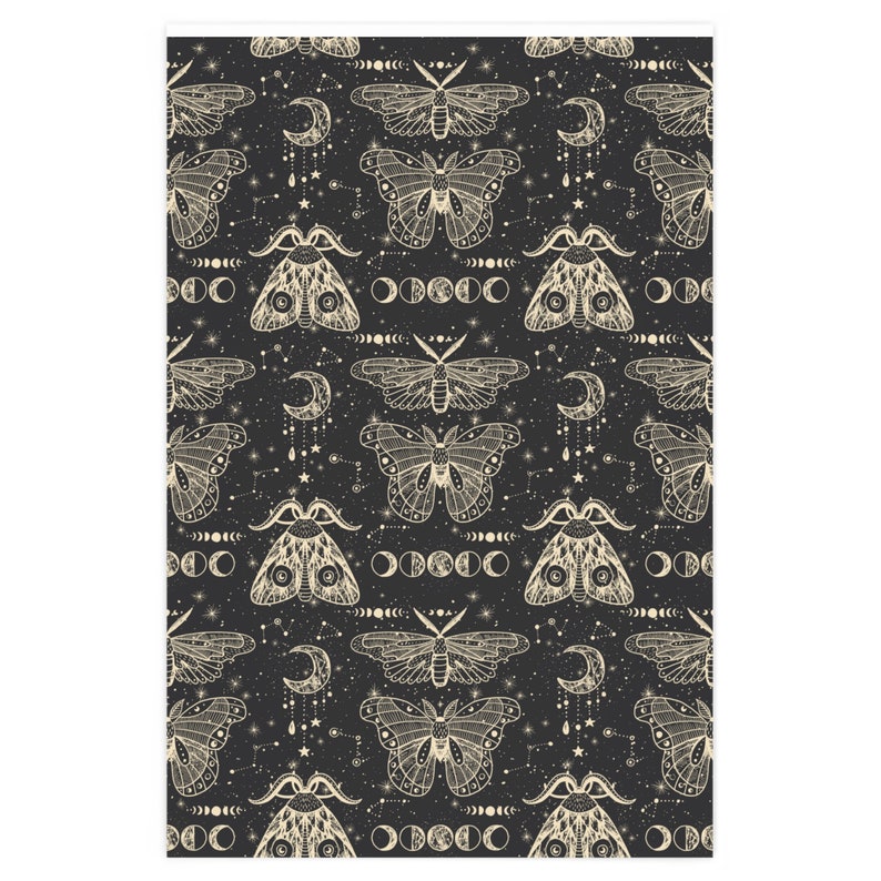 Cosmic Moths Wrapping Paper, Unique Gift Wrap, Retro Wrapping Paper, Aesthetic Gift Wrap, Wrapping Paper Sheets, Dark Gift image 2