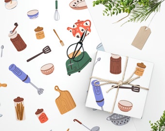 May include: A white wrapping paper with a repeating pattern of kitchen utensils, food, and other household items. The pattern includes a blender, a toaster, a teapot, a spatula, a spoon, a bowl, a cutting board, and a jar. The wrapping paper is wrapped around a gift box with a brown string and a brown tag.