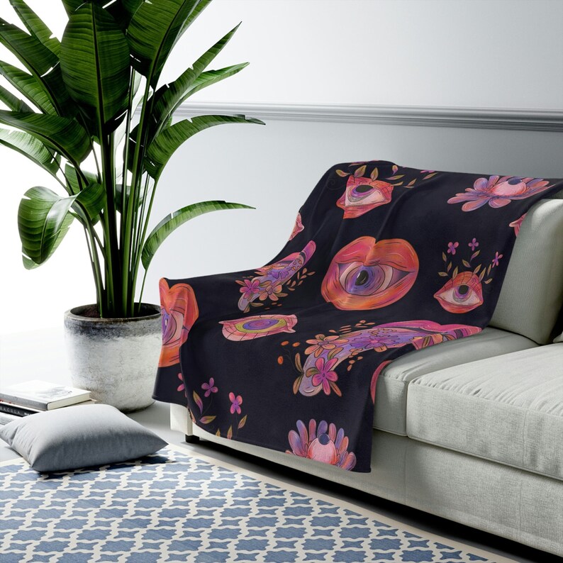 Psychedelic Space Face Blanket Unique Bedding Retro Home Decor Whimsigoth Aesthetic Dark Home Decor Psychedelic Bedroom Decor Trippy Fun image 1