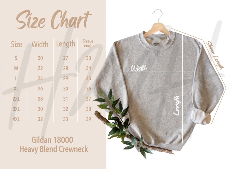 May include: Size chart for a Gildan 18000 Heavy Blend Crewneck sweatshirt. The chart shows the width, length, and sleeve length in inches for sizes S to 4XL.