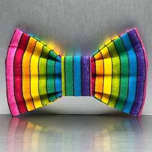 May include: A vibrant, rainbow-striped bow tie with a pink border. The bow tie features vertical stripes in red, orange, yellow, green, blue, and purple. The fabric has a slight sheen, and the bow tie is centered in the frame.