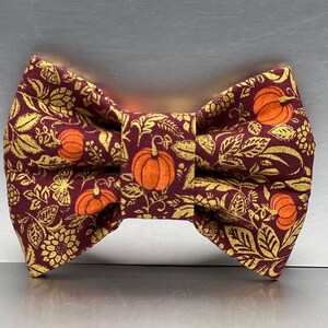 May include: A burgundy bow tie with a gold and orange pumpkin pattern.
