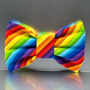 May include: A bow tie featuring a vibrant diagonal rainbow stripe pattern. The fabric displays a repeating sequence of red, orange, yellow, green, blue, and purple colors arranged in slanted bands across the entire surface of the accessory.