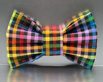 Rainbow Plaid Dog Bow Tie Colorful Plaid Pet Bowtie Bright Checkered Dog Collar Accessory, bow ties dogs, rainbows bow ties, cat bowties