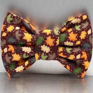 May include: A brown bow tie with a pattern of colorful autumn leaves. The leaves are in shades of orange, yellow, green, and brown.
