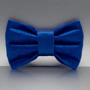 May include: A royal blue velvet bow tie. The bow tie is a classic accessory, with a rectangular center and symmetrical, folded wings. The fabric has a soft, plush texture, and the color is a deep, saturated blue.