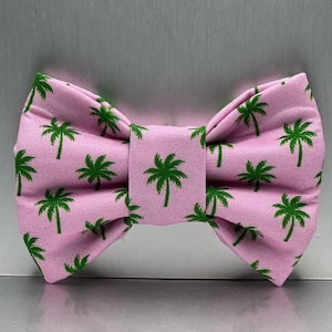 May include: A pink bow tie with a green palm tree pattern.