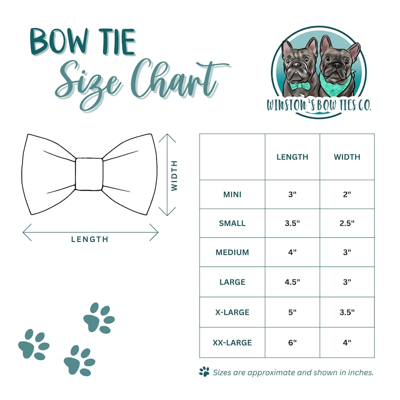Op de afbeelding: Een maattabel voor strikjes met de tekst BOW TIE SIZE CHART en WINSTON'S BOW TIES CO. en een logo van twee Franse buldoggen. De tabel toont maten van Mini tot XX-Large met bijbehorende lengte- en breedtematen in inches.