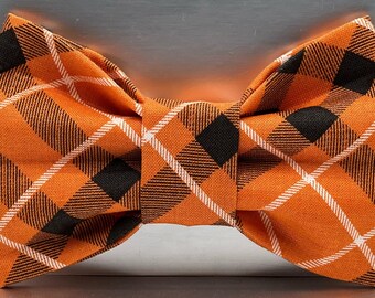 Orange Plaid Dog Bows, Plaid Cat bow ties, Dog Bowties, black Halloween Dog bow ties, dog gifts, xl dog bow ties, Halloween cat bow ties