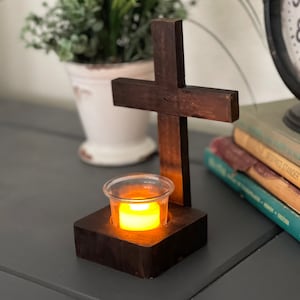 Wooden Cross Tea Light Candle Holder