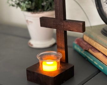 Wooden Cross Tea Light Candle Holder