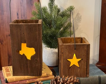 Wooden State of Texas and Texas Star Candle Lantern