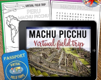 May include: A digital tablet displaying a virtual field trip to Machu Picchu, an ancient Incan city in Peru. The tablet is on a wooden surface with a passport and a colouring page in the background. The text on the tablet reads "Machu Picchu Virtual Field Trip".