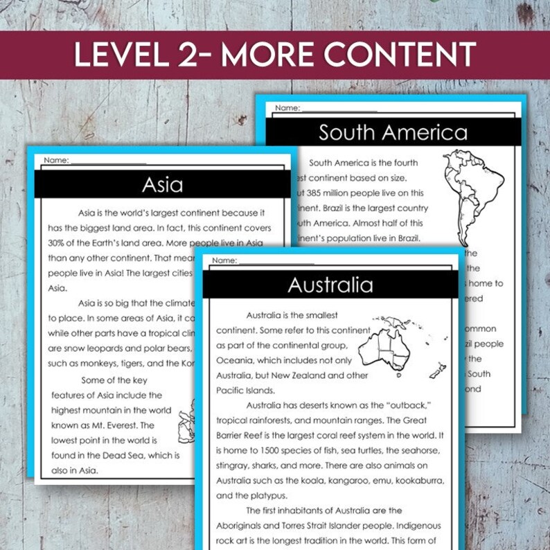 Seven Continents Reading Passages and Comprehension Questions ...