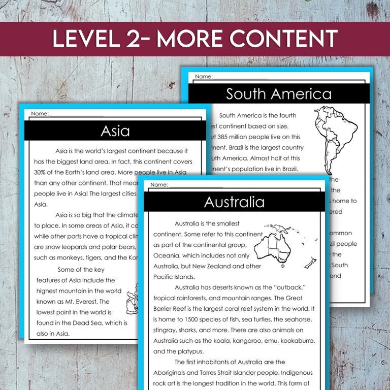 Seven Continents Reading Passages and Comprehension Questions ...