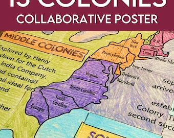 13 Colonies Map Collaborative Poster with Extension Activity, Door Decor, Bulletin Board, Poster Printable