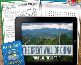 May include: A virtual field trip to the Great Wall of China. The image shows a tablet displaying a photo of the Great Wall, with the text "The Great Wall of China" and "Virtual Field Trip" on the screen. There is also a passport-style card with the text "Virtual Field Trips" and a globe graphic.