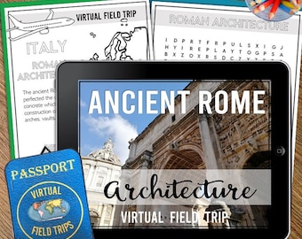 Könnte beinhalten: Ein digitales Tablet zeigt eine virtuelle Exkursion ins antike Rom mit einem Foto des Konstantinsbogens. Der Text auf dem Bildschirm lautet "Antikes Rom Architektur Virtueller Ausflug".