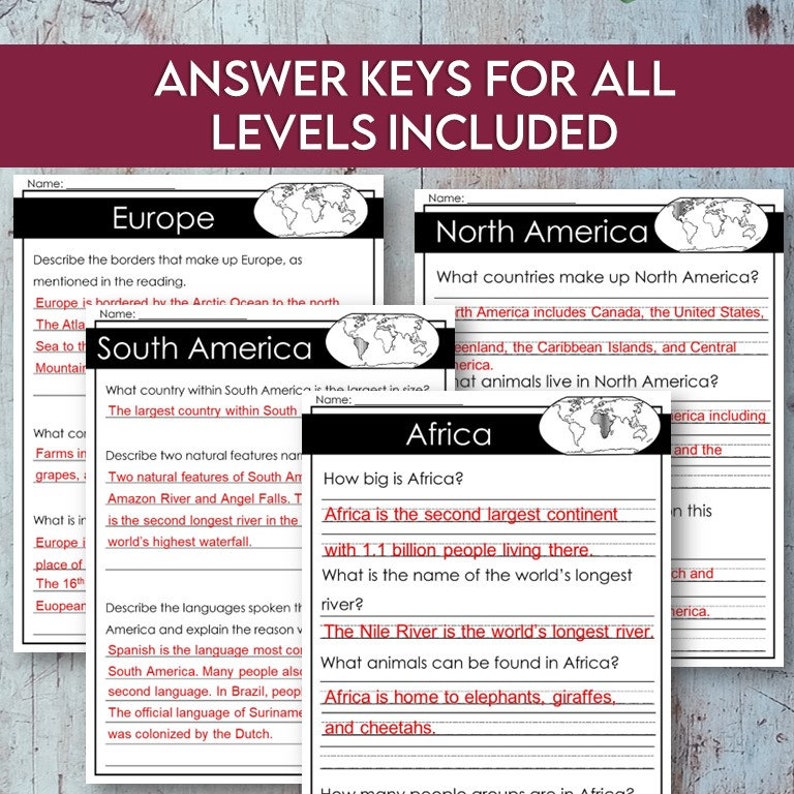 Seven Continents Reading Passages and Comprehension Questions ...