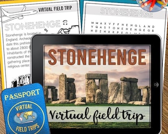 May include: A virtual field trip to Stonehenge, a prehistoric monument in England. The image shows a tablet displaying a photo of the stones with the text "Stonehenge" and "Virtual field trip". There is also a passport-style card with the text "Virtual Field Trips".