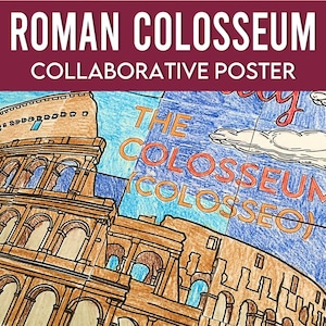 Peut inclure: Une affiche collaborative illustrant le Colisée de Rome, en Italie, avec des couleurs vives. L'affiche comprend le texte "The Colosseum (Colosseo)" en lettres rouges et orange.