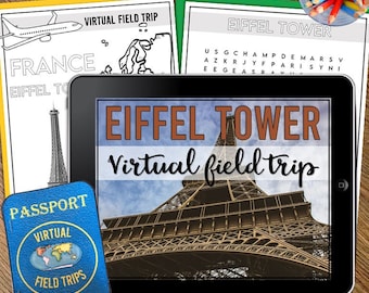 Könnte beinhalten: Ein digitales Tablet zeigt einen virtuellen Ausflug zum Eiffelturm in Paris, Frankreich. Der Bildschirm zeigt eine Nahaufnahme des Turms mit blauem Himmel im Hintergrund. Der Text "Eiffelturm Virtueller Ausflug" wird auf dem Bildschirm angezeigt. Ein blauer Reisepass mit den Worten "Virtuelle Ausflüge" befindet sich im Vordergrund.