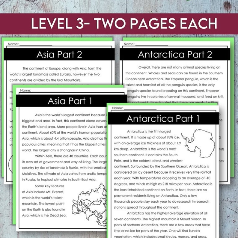 Seven Continents Reading Passages and Comprehension Questions ...