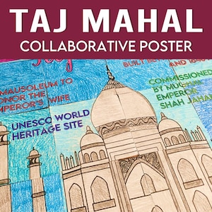 Puede incluir: Una ilustración colorida del Taj Mahal, un sitio del Patrimonio Mundial de la UNESCO. La imagen incluye texto que dice "Mausoleo para honrar a la esposa del emperador", "Sitio del Patrimonio Mundial de la UNESCO", "Construido entre 1632 y 1653", y "Comisionado por el emperador mogol Shah Jahan".