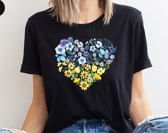 Floral Ukraine Shirt, Ukraine Flag Graphic T-Shirts, Support Ukraine Clothing, Ukraine Women Vneck Shirt, Ukrainian Gift, Gift for Ukrainian