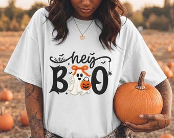 Hey Boo Halloween Shirt, Cute Ghost with Pumpkin Basket Design, Playful Kawaii Ghost Tee for Halloween Season Parties, Retro Fall Pumpkin