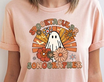 Cute Sonographer Vneck TShirt, Womens Clothings, Floral Hallowen Shirt, Birthday Gift for Her, Funny Ghost Graphic Tees, Ultrasound T-Shirt