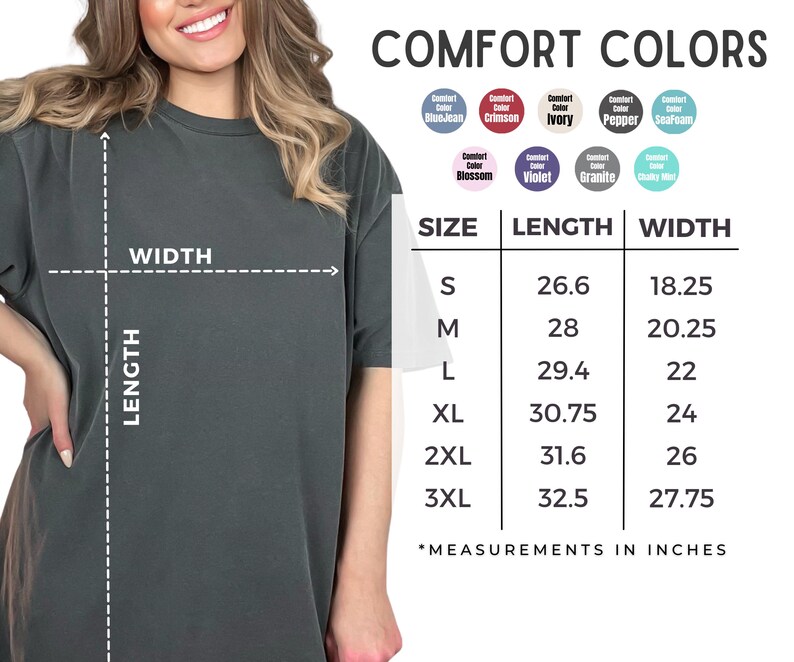 a woman wearing a grey t-shirt, with a table of measurements and a list of comfort colors displayed next to her.