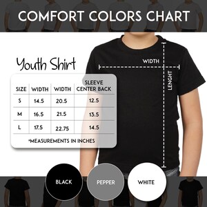 The image is a youth shirt size chart with a black shirt and three color swatches labeled "BLACK", "PEPPER", and "WHITE".