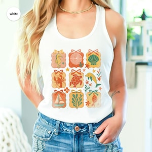 Cute Ocean Animals Collage Graphic Tank Top, Girly Summer Beach Racerback, Cute Ribbon Coquette Summer Top, Girly Sealife Ribbon Tank Top