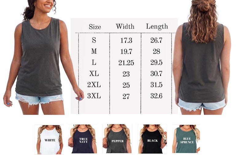 The image is a collage of three photos featuring a woman wearing a gray tank top, with size and length measurements displayed below each photo.
