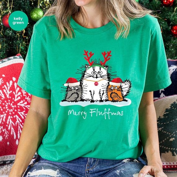 Merry Fluffmas Shirt, Christmas Cat Mom Shirts, Cat Christmas
