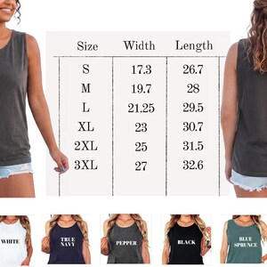 The image is a collage of three photos featuring a woman wearing a gray tank top, with size and length measurements displayed below each photo.