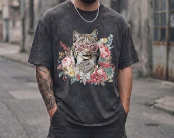 Comfort Colors® Lynx Fashion Shirt with Pink Sunglasses, Whimsical Art Floral Animal Design for Nature Lovers, Trendy Animal Graphic Tee