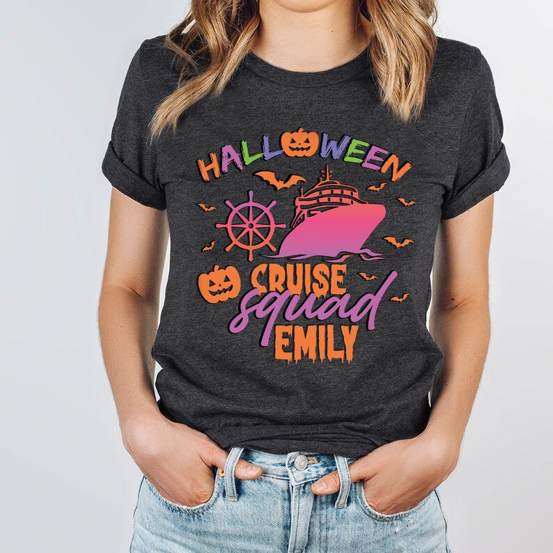 a woman wearing a halloween cruise squad t - shirt