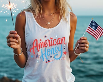 American Honey Tank Top, Cute 4th of July Typography Shirt, Independence Day Summer Top, USA Pride Graphic for National Celebrations