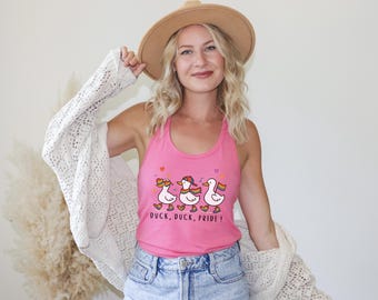 Rainbow Cartoon Duck Pride Tank Top, LGBTQ+ Support Tee, Inclusive Animal Graphic for Pride Events, Playful Diversity Shirt, LGBTQ Ally Gift