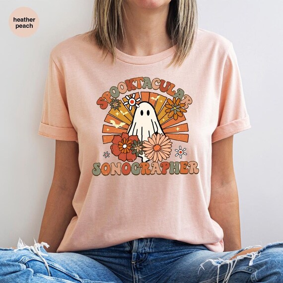 Cute Sonographer Vneck TShirt, Womens Clothings, Floral Hallowen Shirt, Birthday Gift for Her, Funny Ghost Graphic Tees, Ultrasound T-Shirt