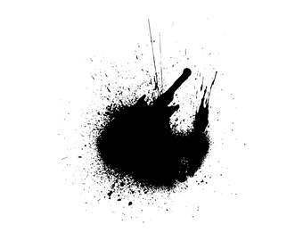 May include: Black ink splatter with a circular shape and a few long streaks of ink extending outward.