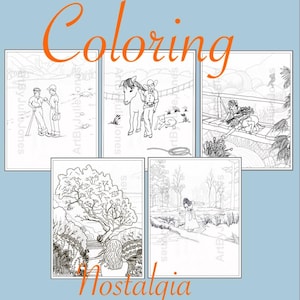 Aspecto nostálgico e histórico, libro para colorear de 13 páginas, niños y animales viviendo su mejor vida y hermosos paisajes para horas de diversión enriquecedora.
