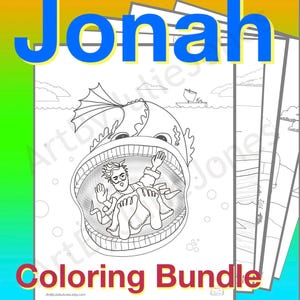 May include: Black and white coloring pages featuring Jonah and the whale. The pages are part of a coloring bundle. The title "Jonah Coloring Bundle" is at the bottom of the image.