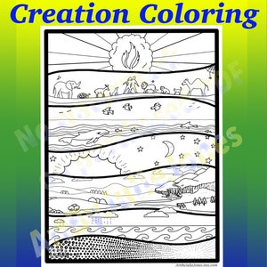 The Seven Days of Creation POSTER or COLORING PAGE, high resolulution 7 Days 1 pg,  God made it, Let there be light! Beautiful quality work.