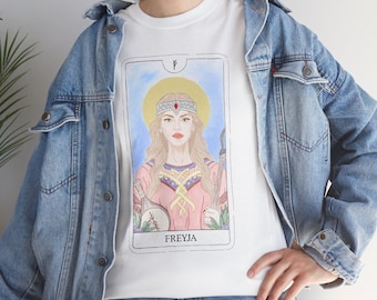 Camiseta unisex de algodón grueso con temática de tarot de Lady Freyja, mitología nórdica, regalo para amantes del tarot, moda espiritual.